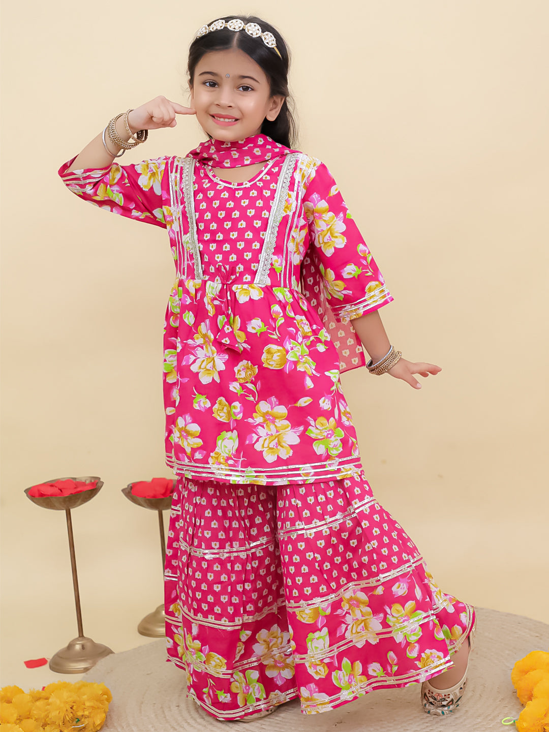 Pink Cotton 3/4th Sleeves Floral Printed Girls Suit Set with Sequins Lace Work