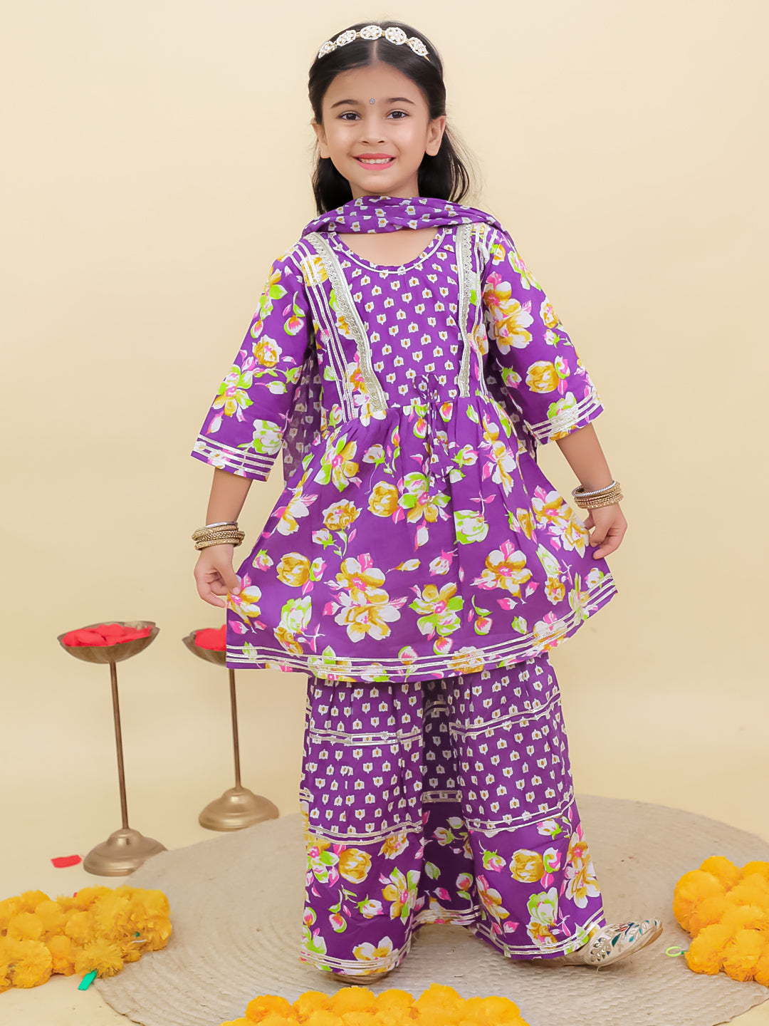 AJ Dezines Purple Cotton Three-Fourth Sleeves Floral Printed and Sequins lace work Girls Suit Set