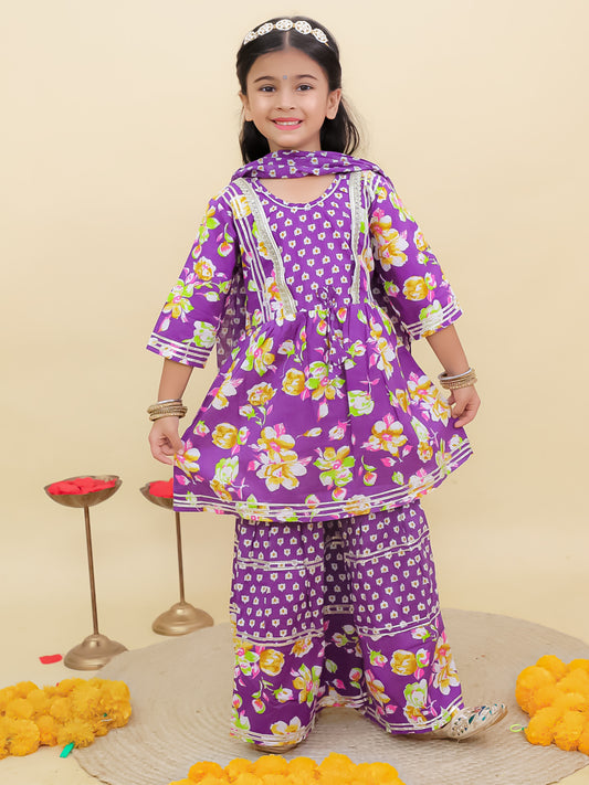 AJ Dezines Purple Cotton Three-Fourth Sleeves Floral Printed and Sequins lace work Girls Suit Set