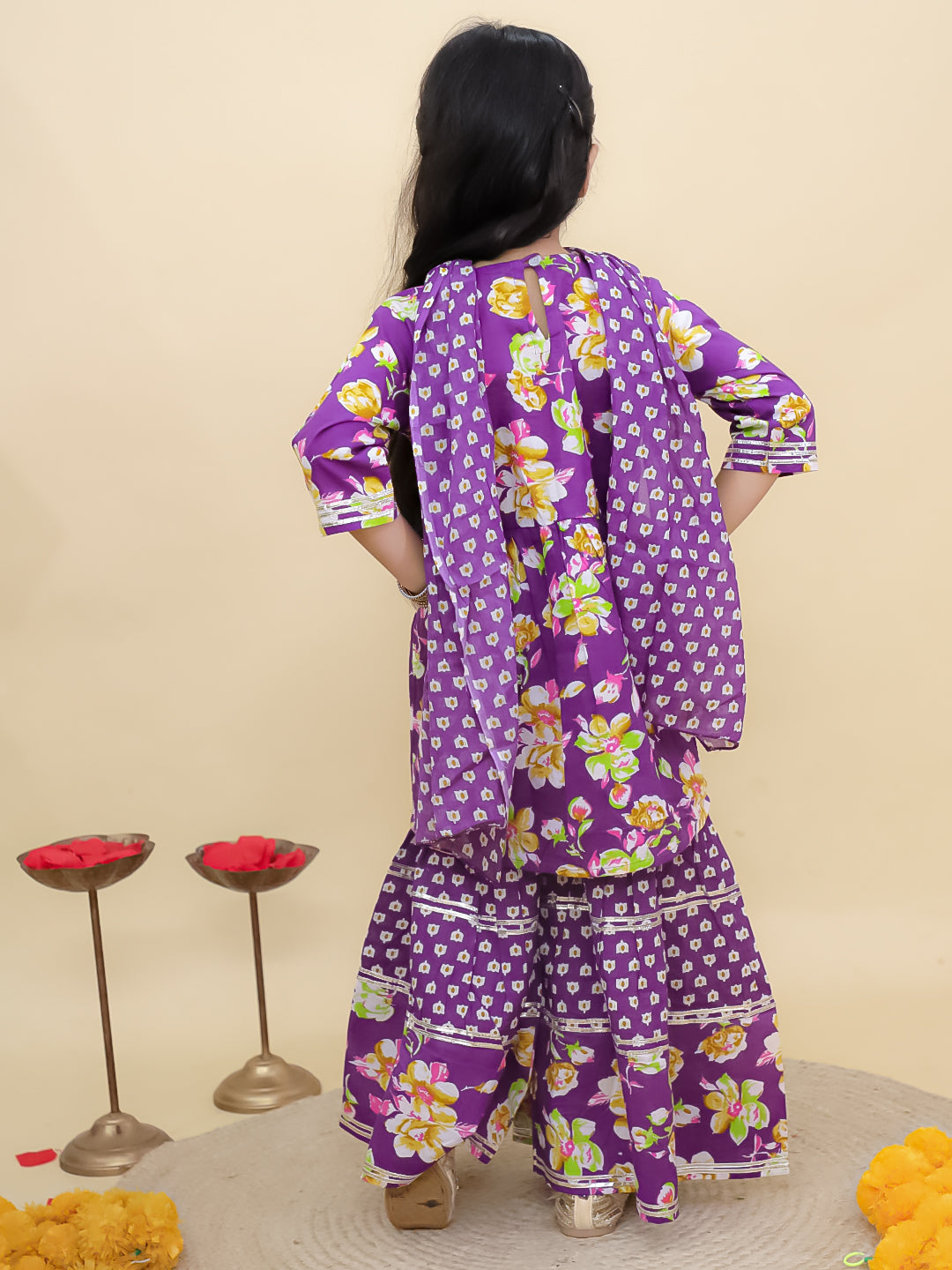 AJ Dezines Purple Cotton Three-Fourth Sleeves Floral Printed and Sequins lace work Girls Suit Set