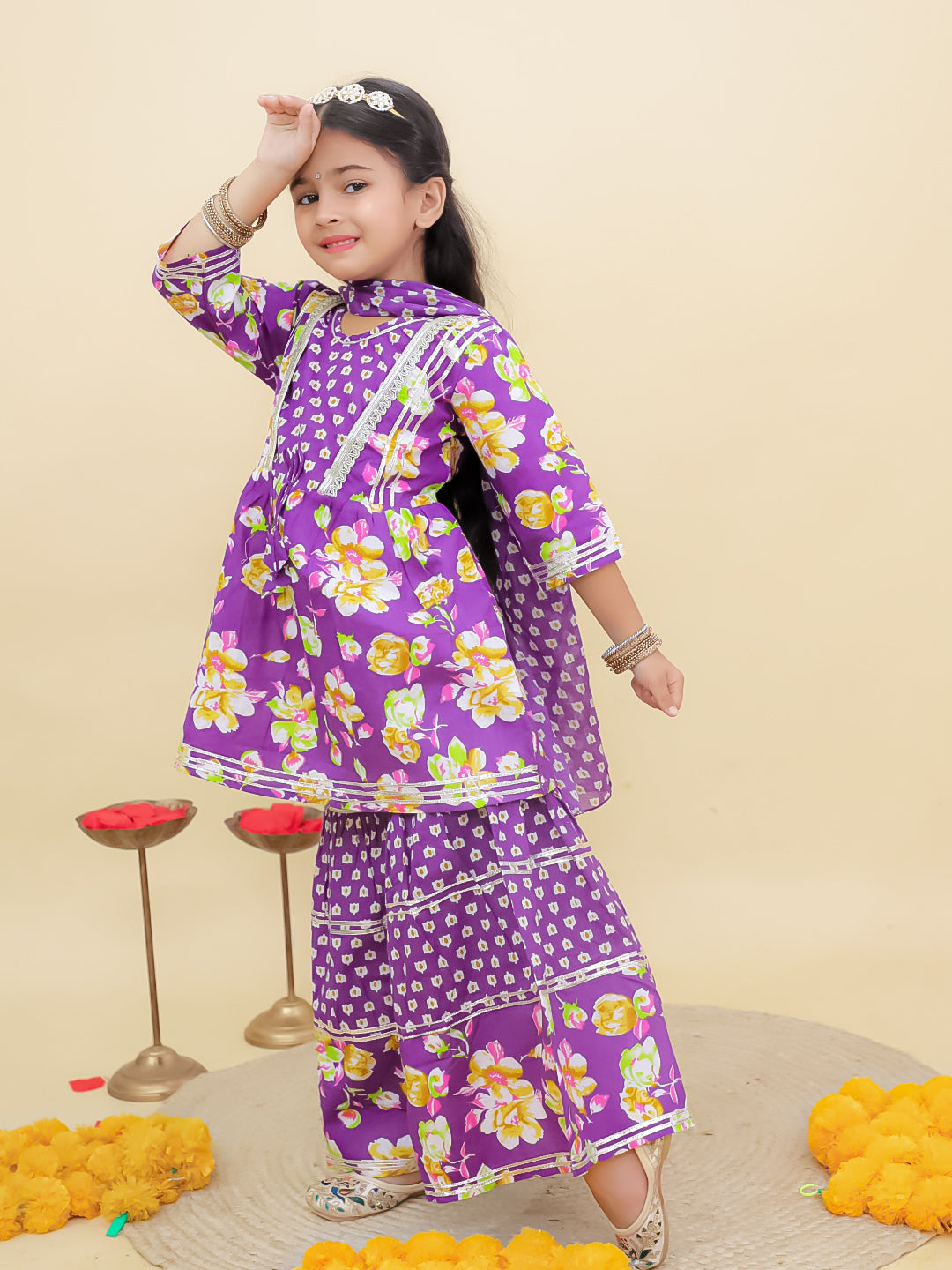 AJ Dezines Purple Cotton Three-Fourth Sleeves Floral Printed and Sequins lace work Girls Suit Set