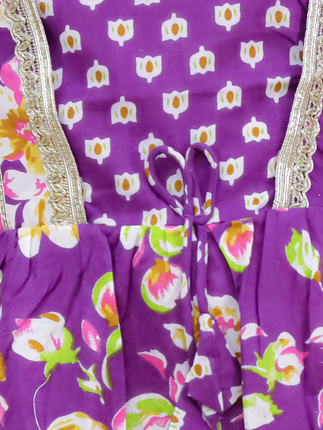 Purple Cotton 3/4th Sleeves Floral Printed Girls Suit Set with Sequins Lace Work