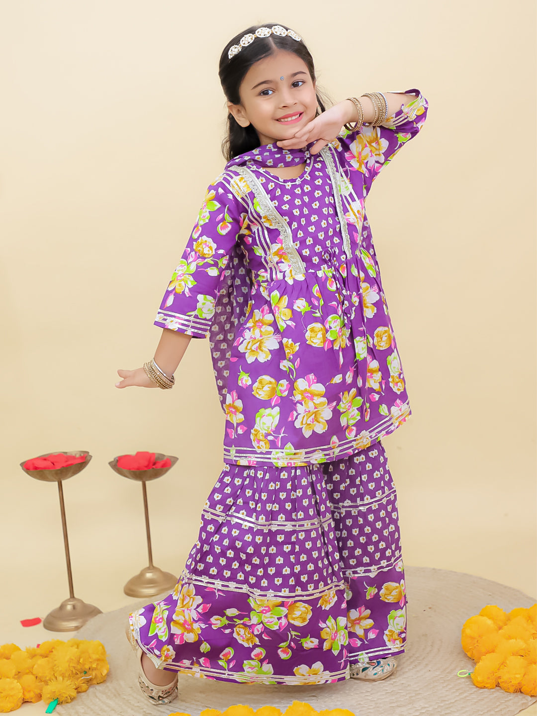 Purple Cotton 3/4th Sleeves Floral Printed Girls Suit Set with Sequins Lace Work