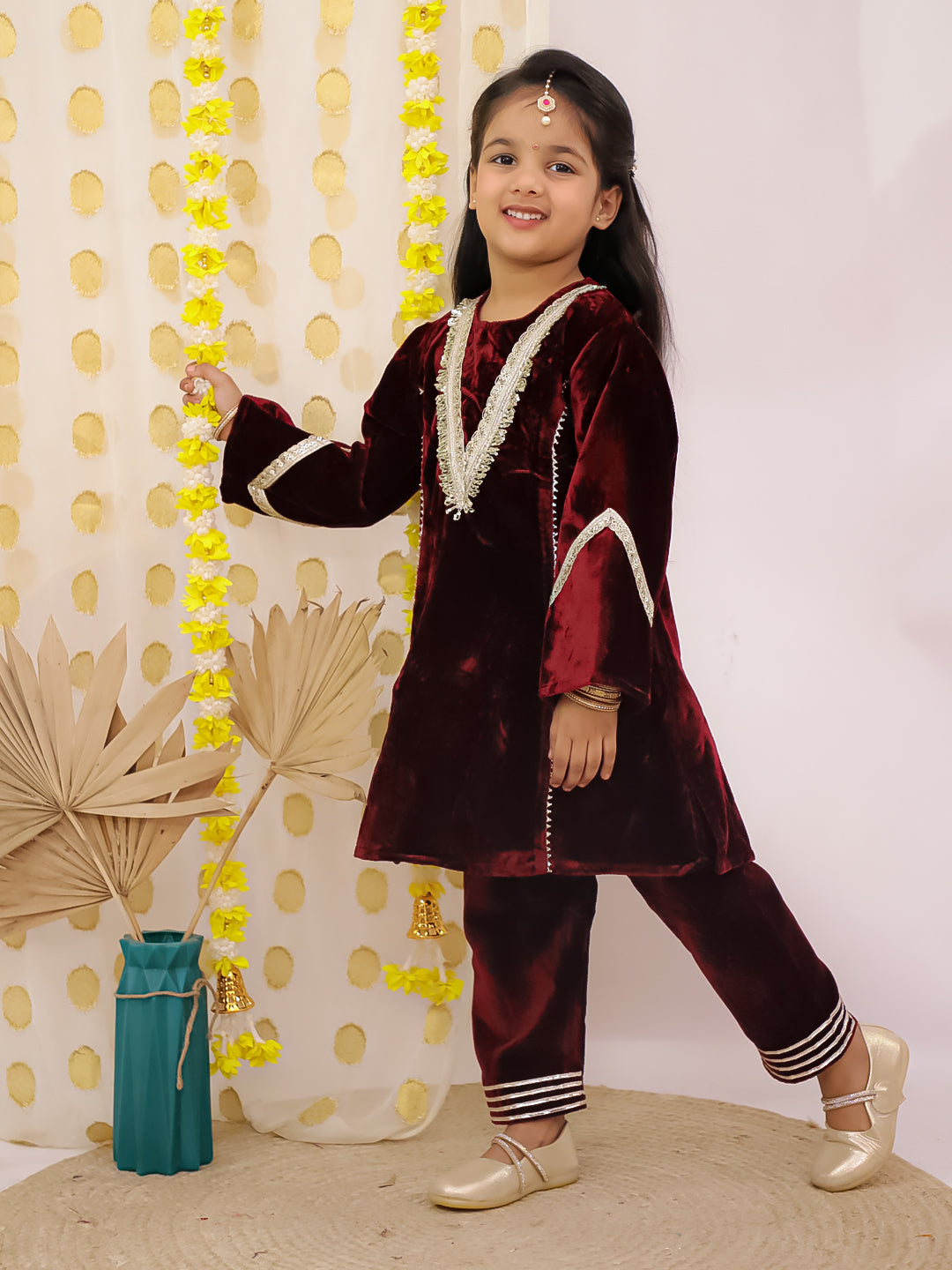 Maroon Velvet Full Sleeves Solid Girls Suit Set