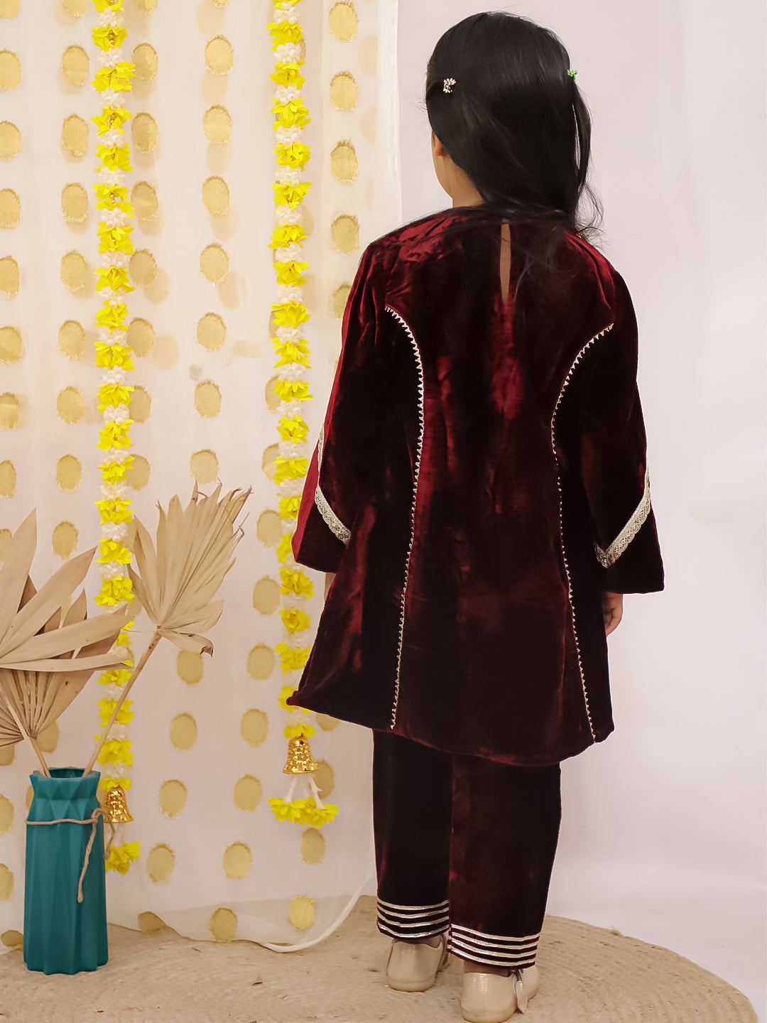 Maroon Velvet Full Sleeves Solid Girls Suit Set