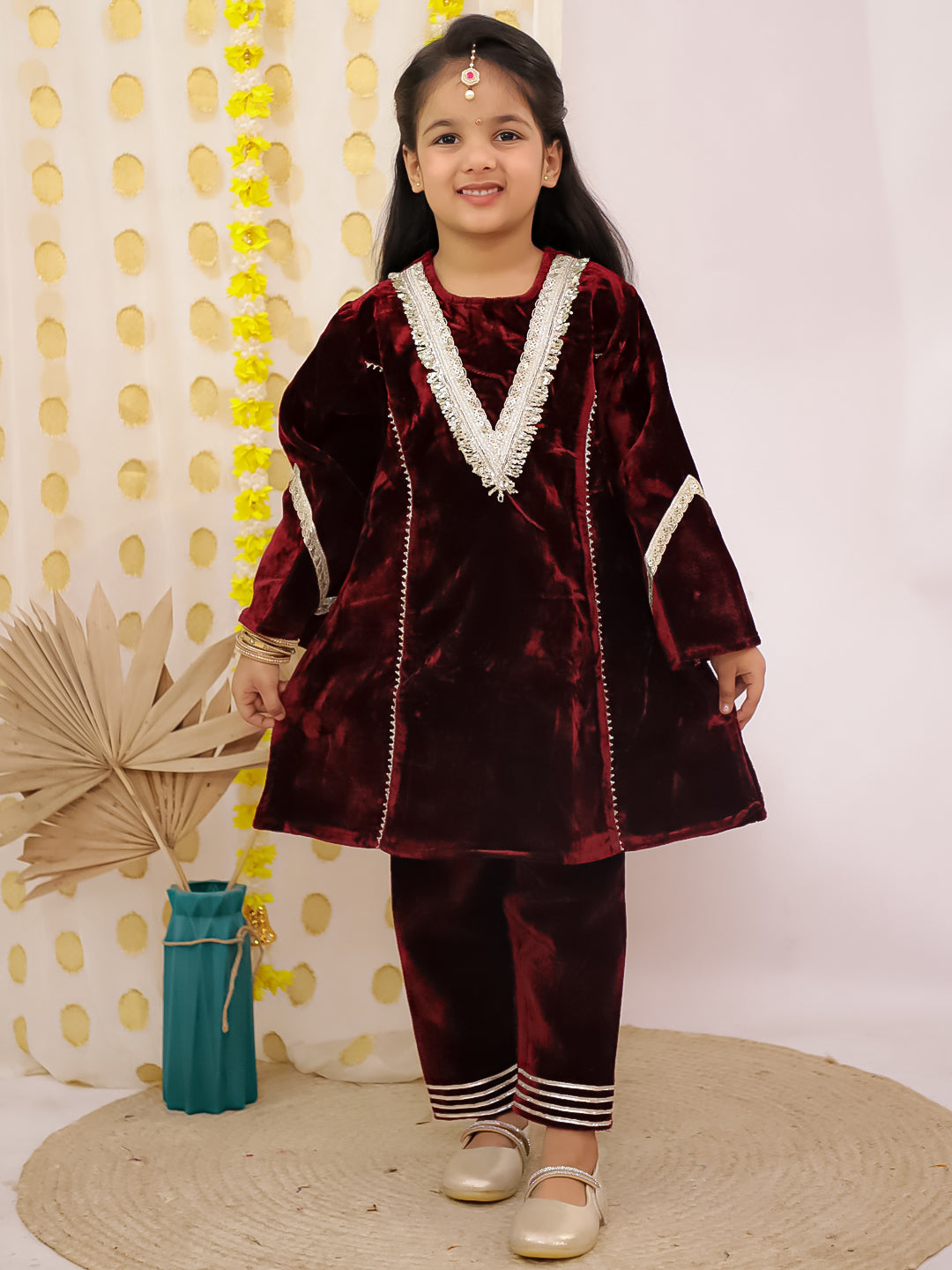 Maroon Velvet Full Sleeves Solid Girls Suit Set