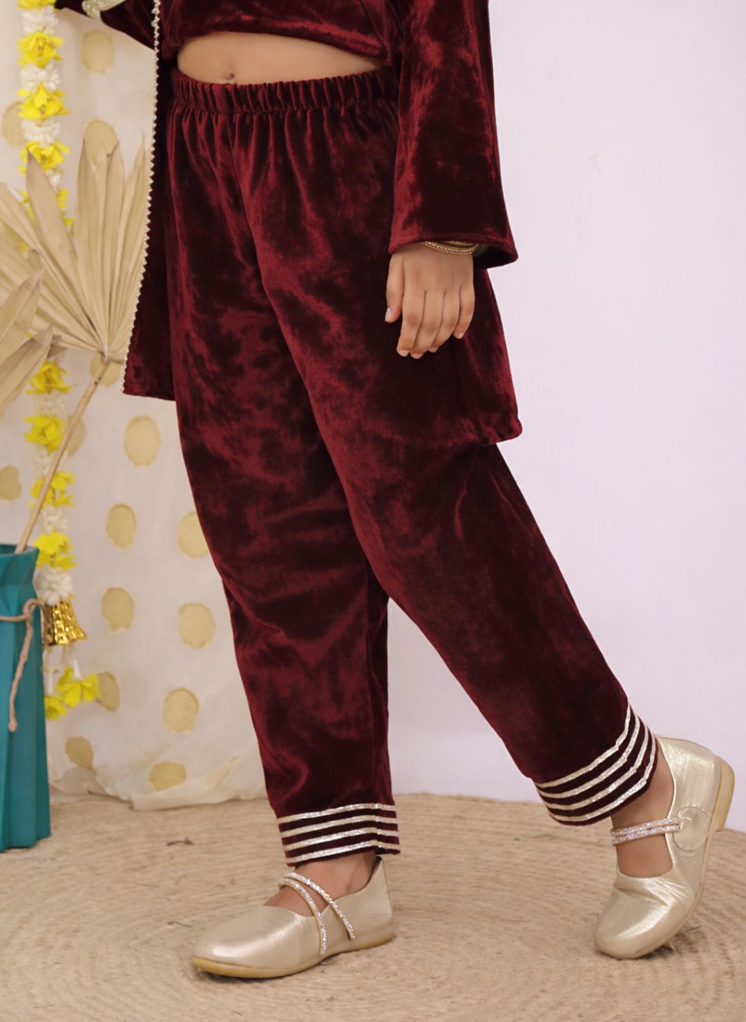 Maroon Velvet Full Sleeves Solid Girls Suit Set