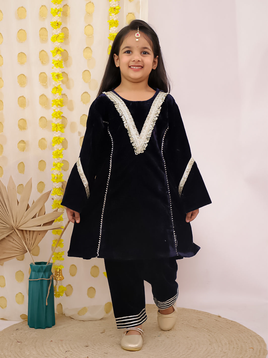 Navy Blue Velvet Full Sleeves Solid Girls Suit Set