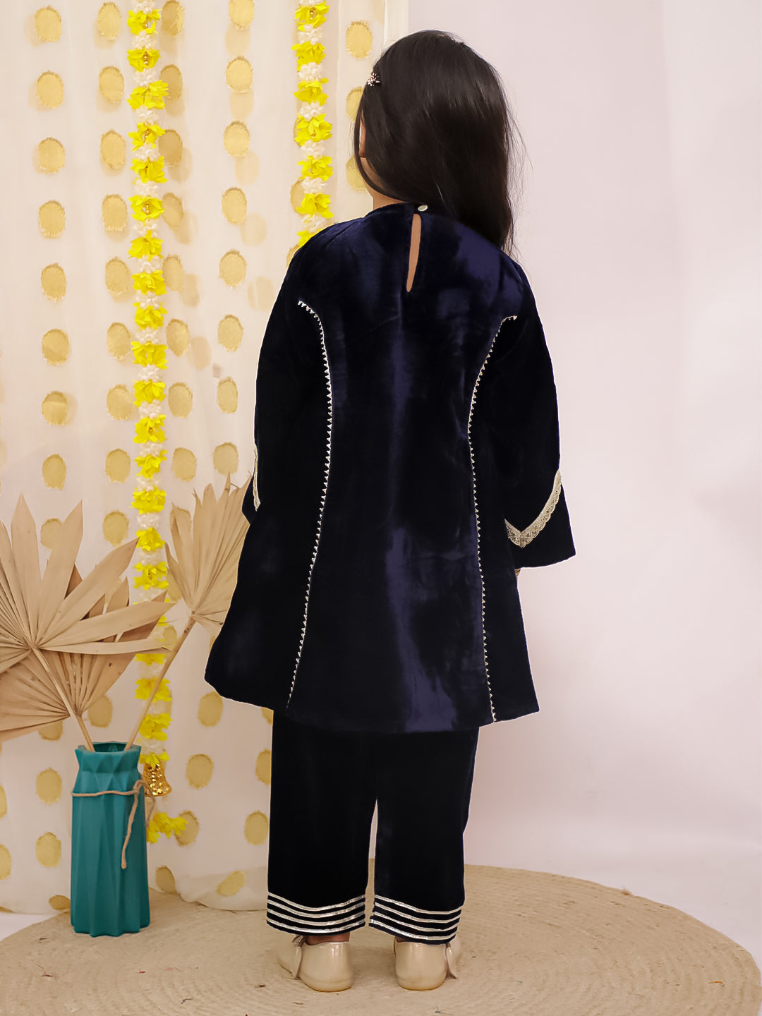 Navy Blue Velvet Full Sleeves Solid Girls Suit Set