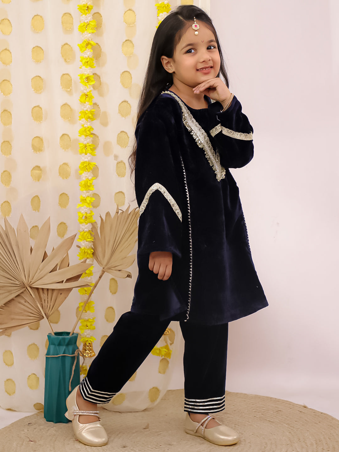 Navy Blue Velvet Full Sleeves Solid Girls Suit Set