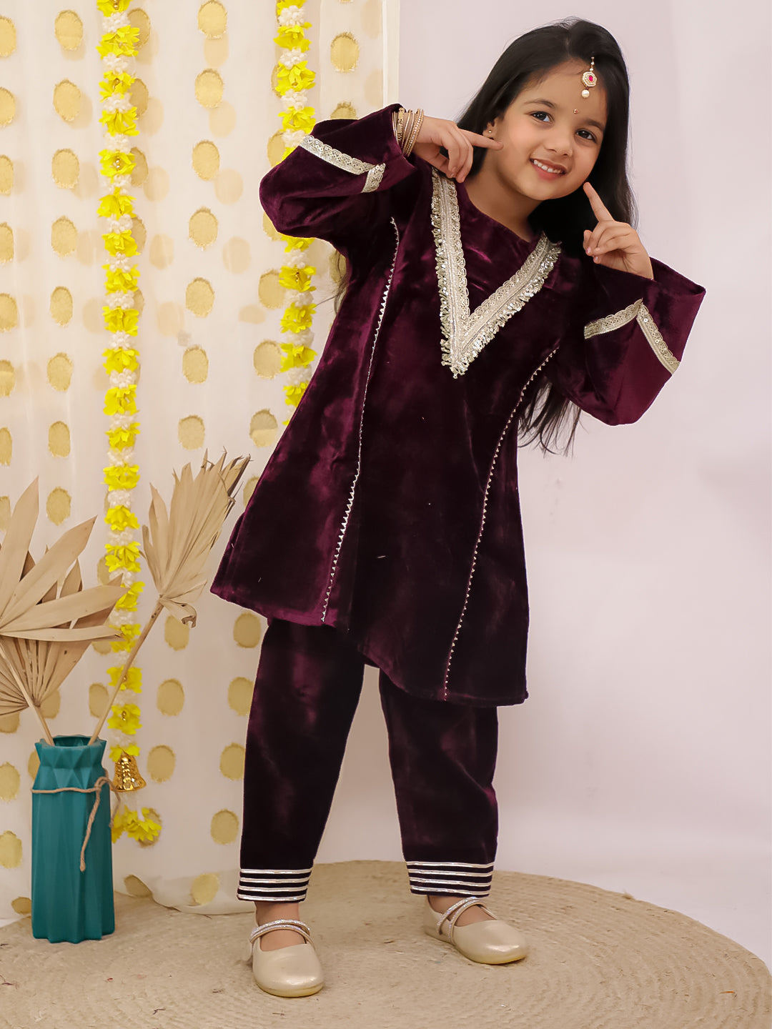 Purple Velvet Full Sleeves Solid Girls Suit Set