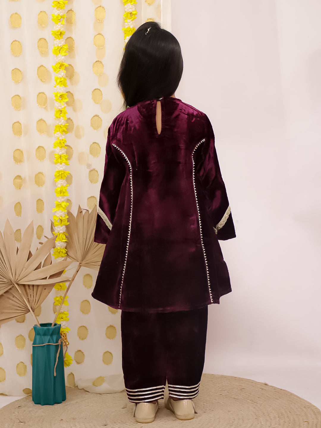 Purple Velvet Full Sleeves Solid Girls Suit Set