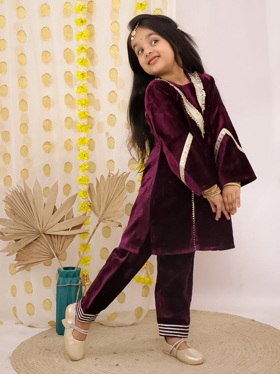 Purple Velvet Full Sleeves Solid Girls Suit Set