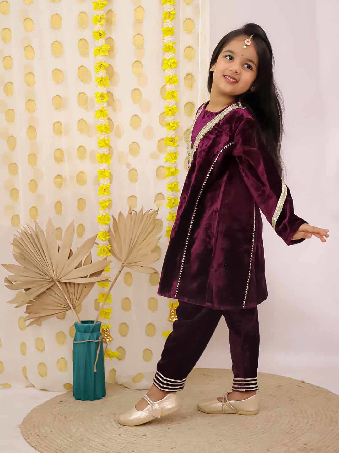 Purple Velvet Full Sleeves Solid Girls Suit Set