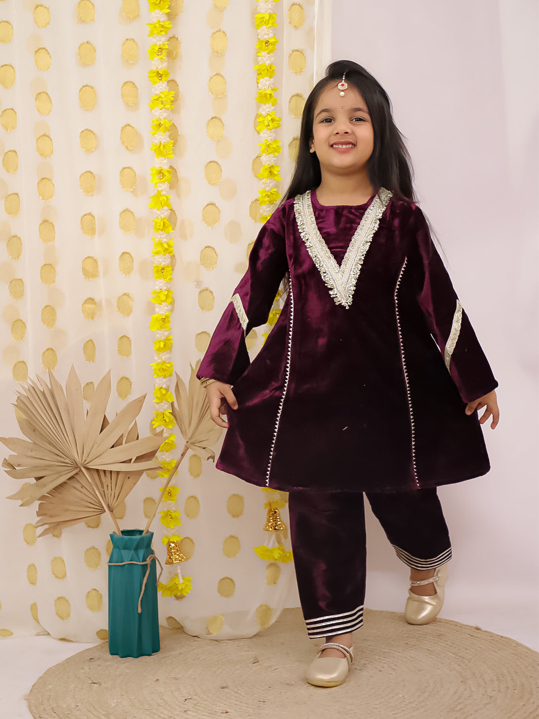 Purple Velvet Full Sleeves Solid Girls Suit Set