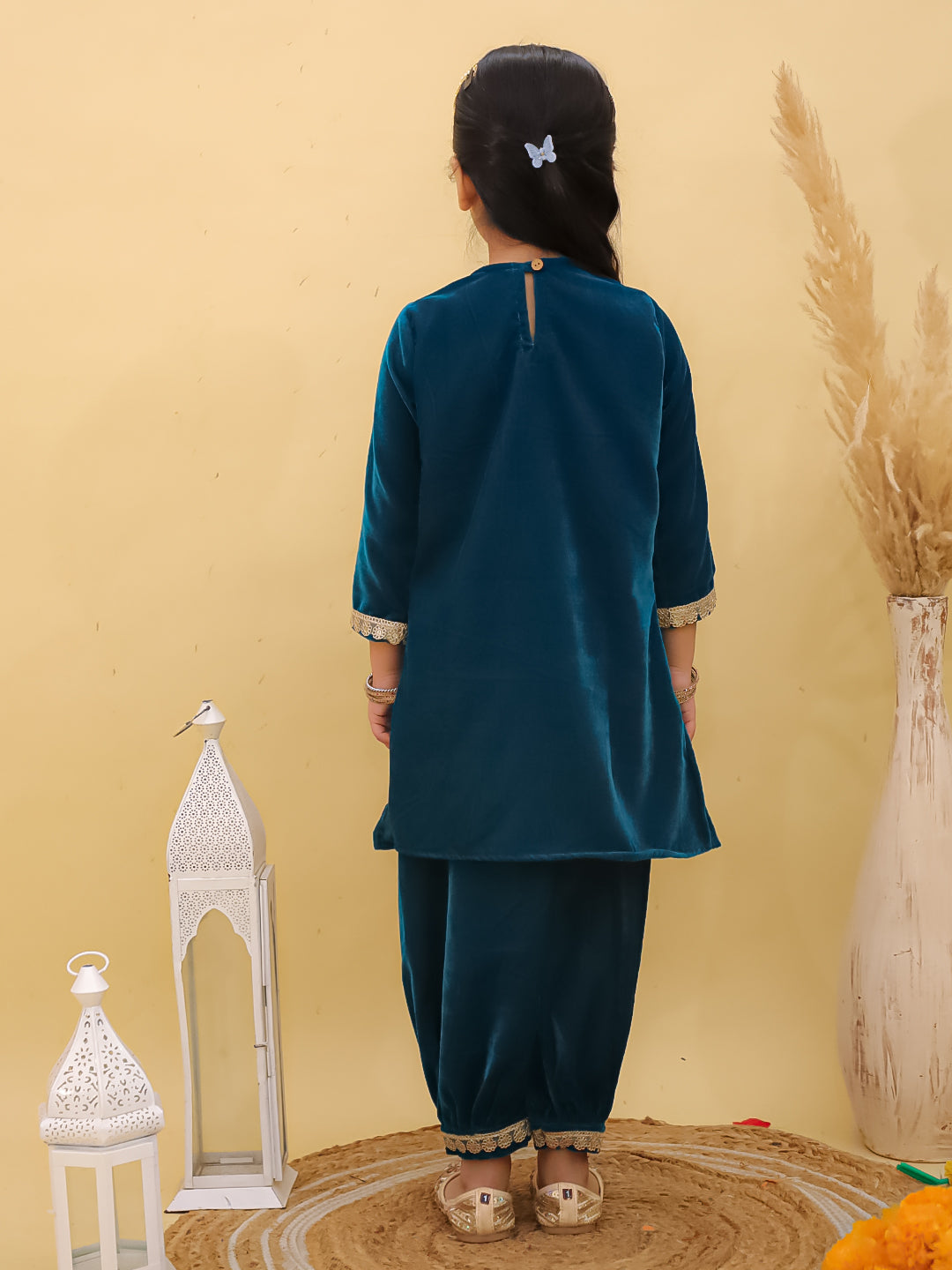 Turquoise Velvet 3/4th Sleeves Solid Girls Suit Set