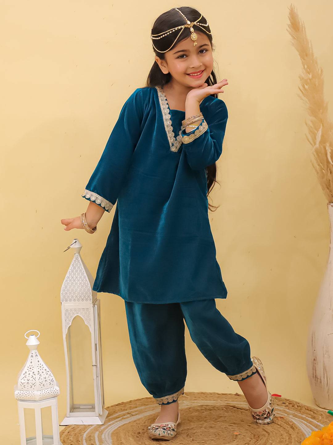 Turquoise Velvet 3/4th Sleeves Solid Girls Suit Set