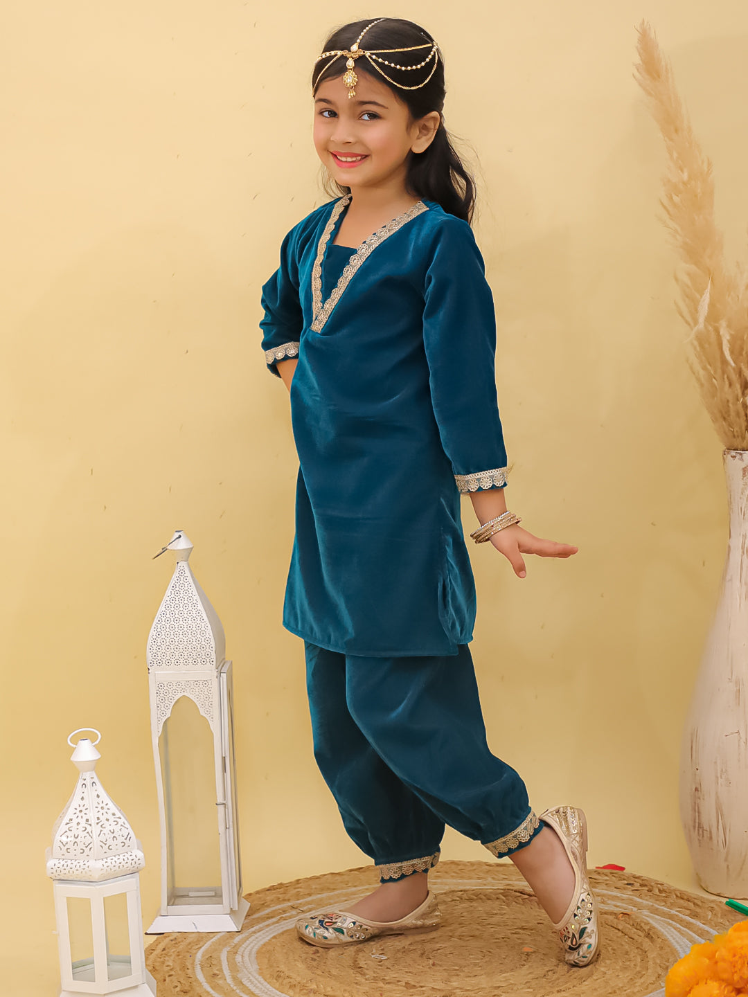 Turquoise Velvet 3/4th Sleeves Solid Girls Suit Set