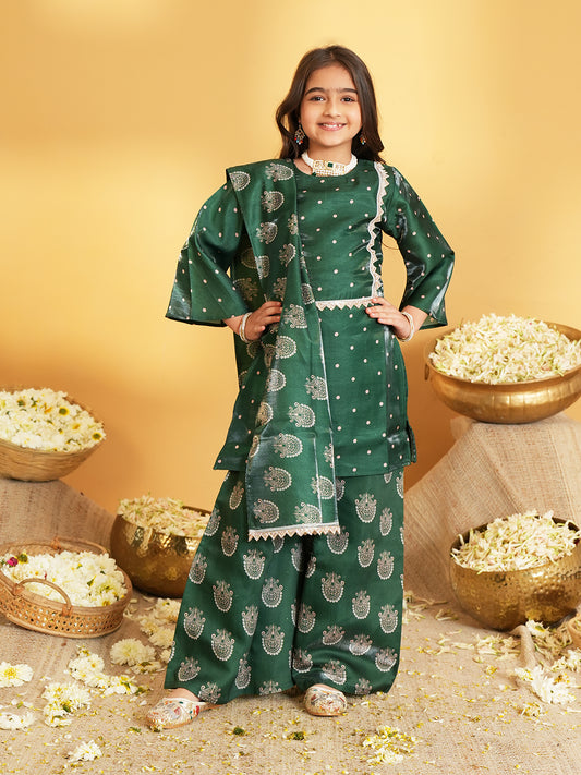 Dark Green Polka Dots and Floral Print Silk blend Kurti Palazzo and Dupatta For Girls