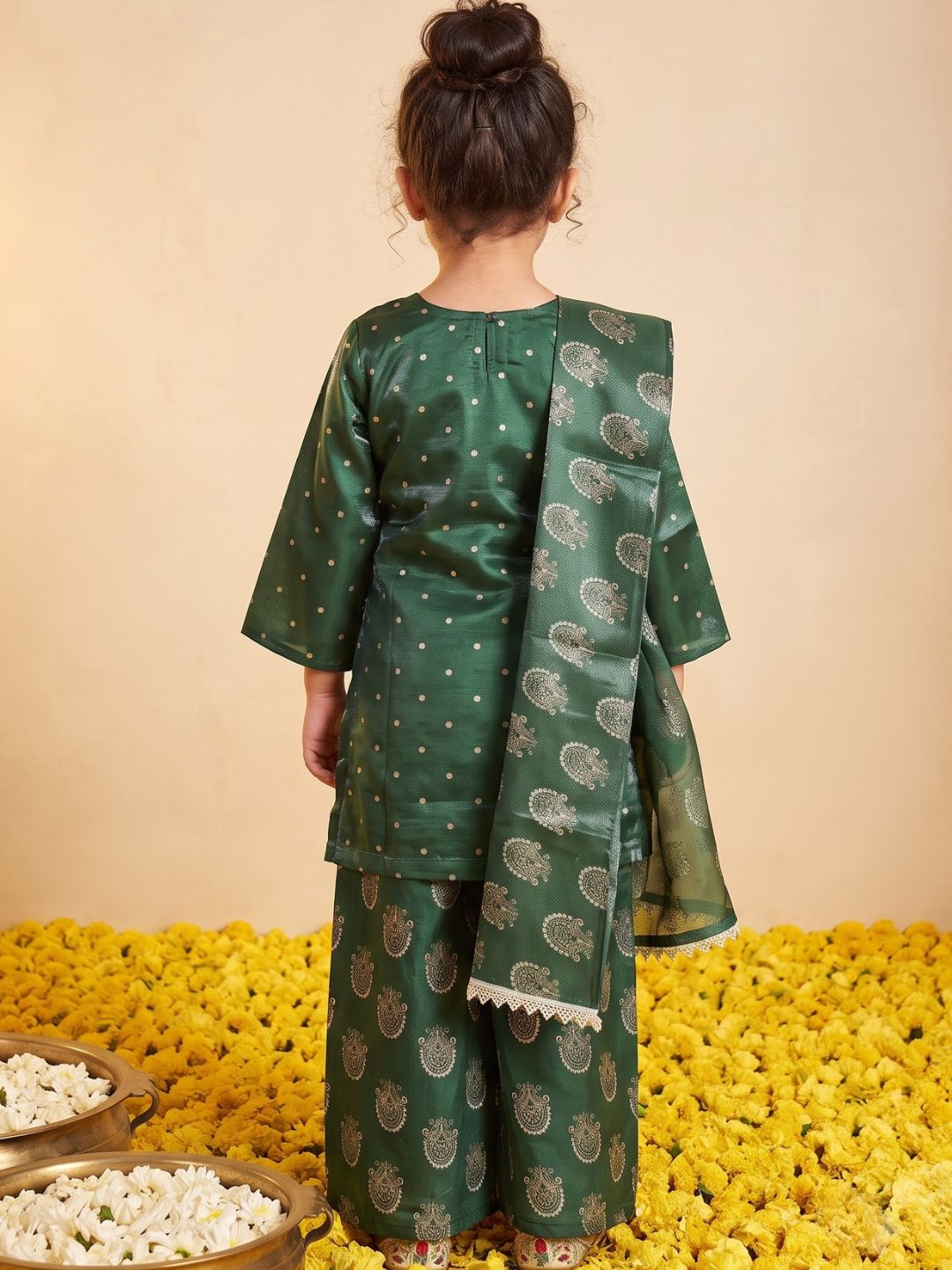 Dark Green Polka Dots and Floral Print Silk blend Kurti Palazzo and Dupatta For Girls