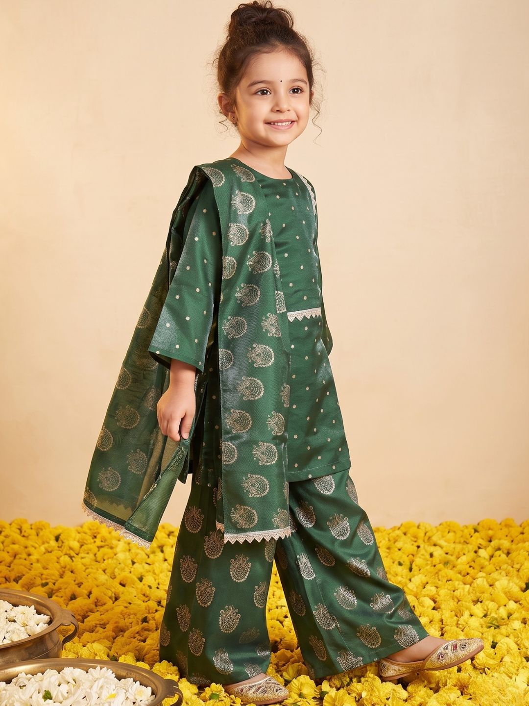 Dark Green Polka Dots and Floral Print Silk blend Kurti Palazzo and Dupatta For Girls