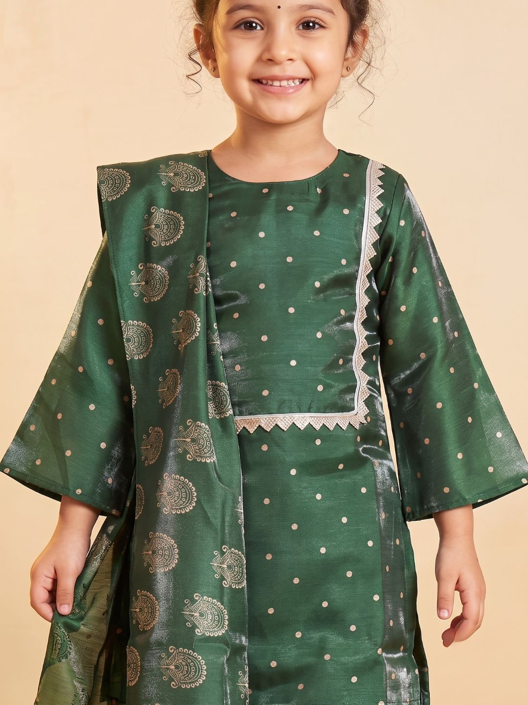 Dark Green Polka Dots and Floral Print Silk blend Kurti Palazzo and Dupatta For Girls