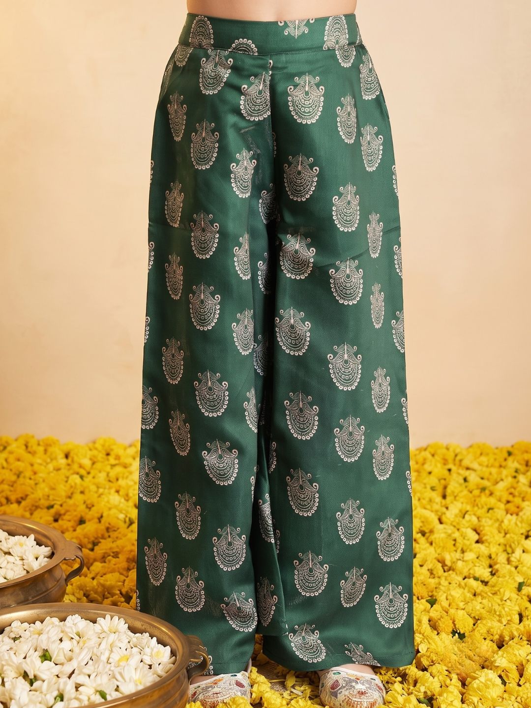 Dark Green Polka Dots and Floral Print Silk blend Kurti Palazzo and Dupatta For Girls