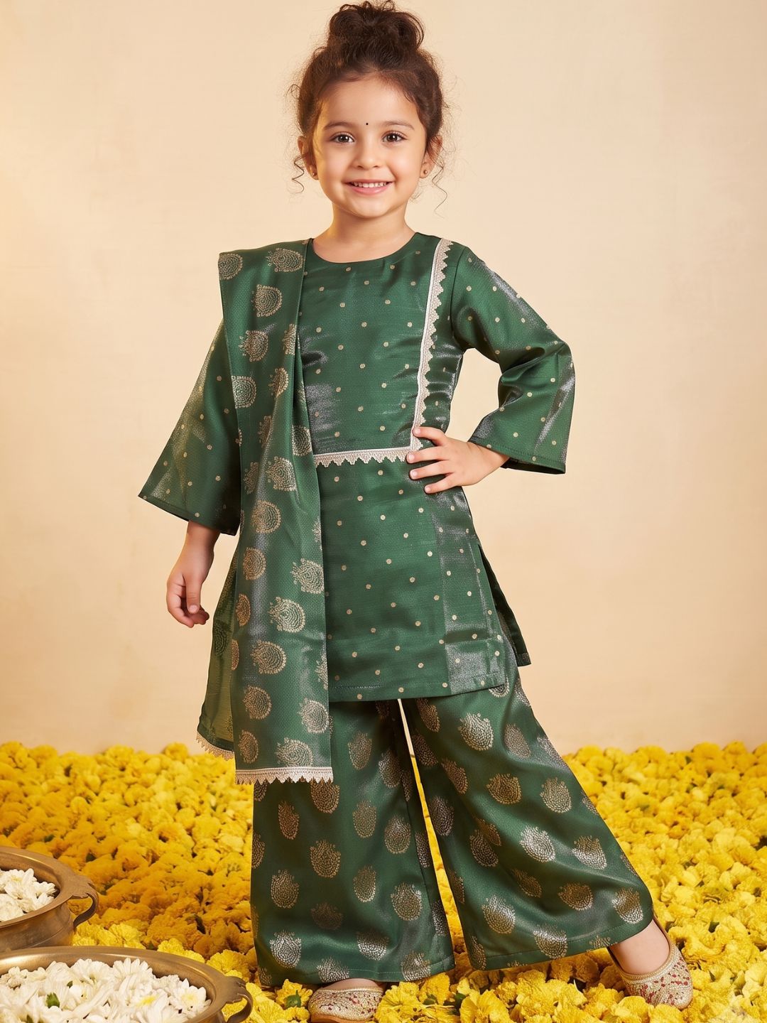 Dark Green Polka Dots and Floral Print Silk blend Kurti Palazzo and Dupatta For Girls