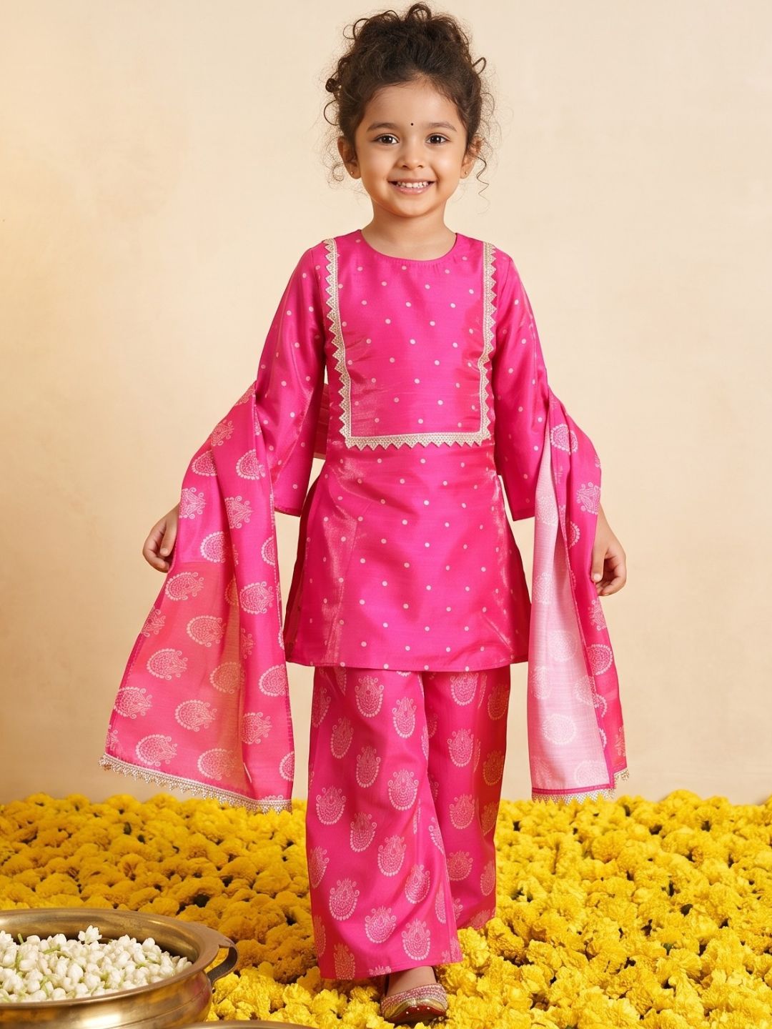 Pink Polka Dots and Floral Print Silk blend Kurti Palazzo and Dupatta For Girls