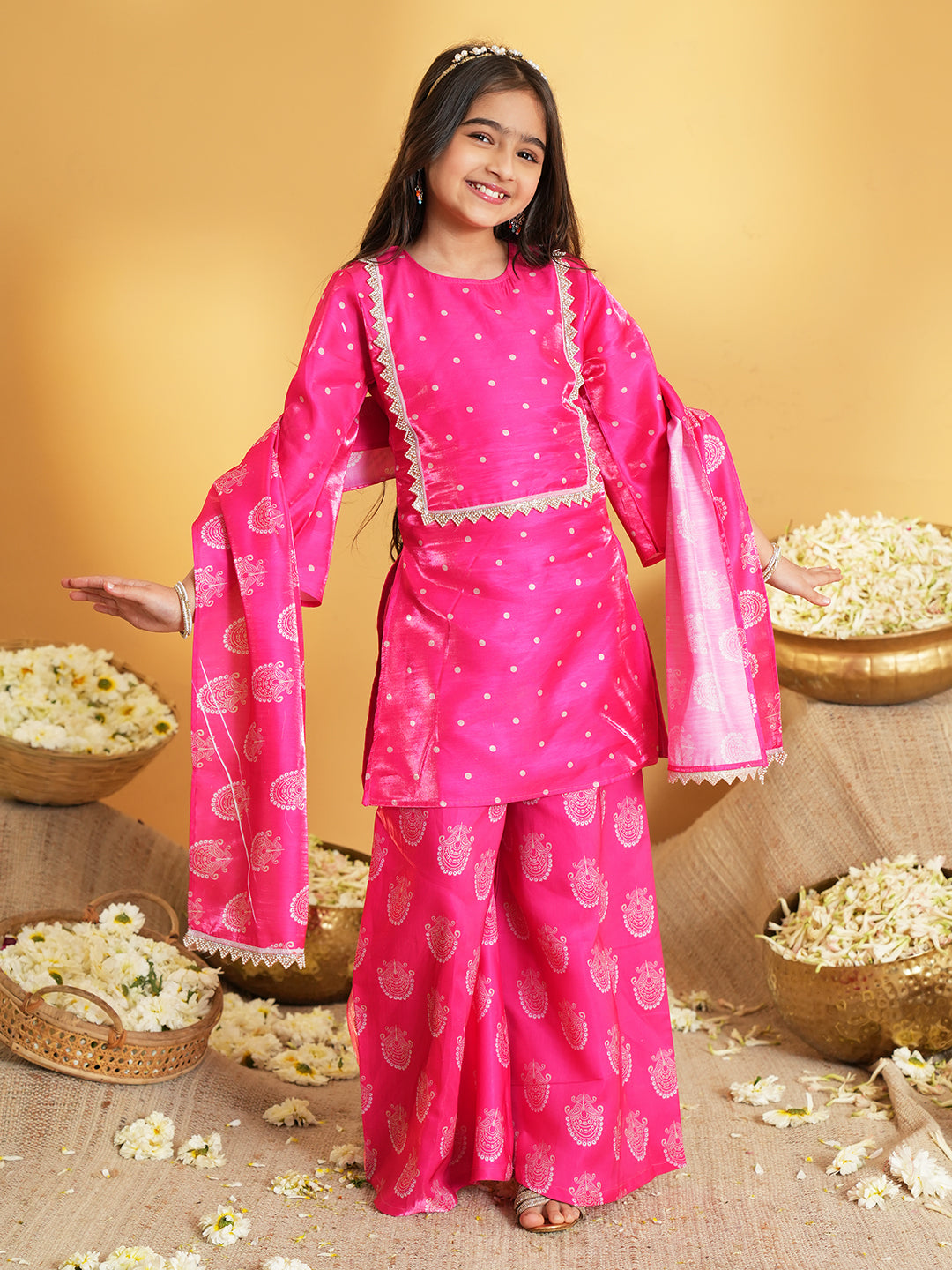 Pink Polka Dots and Floral Print Silk blend Kurti Palazzo and Dupatta For Girls