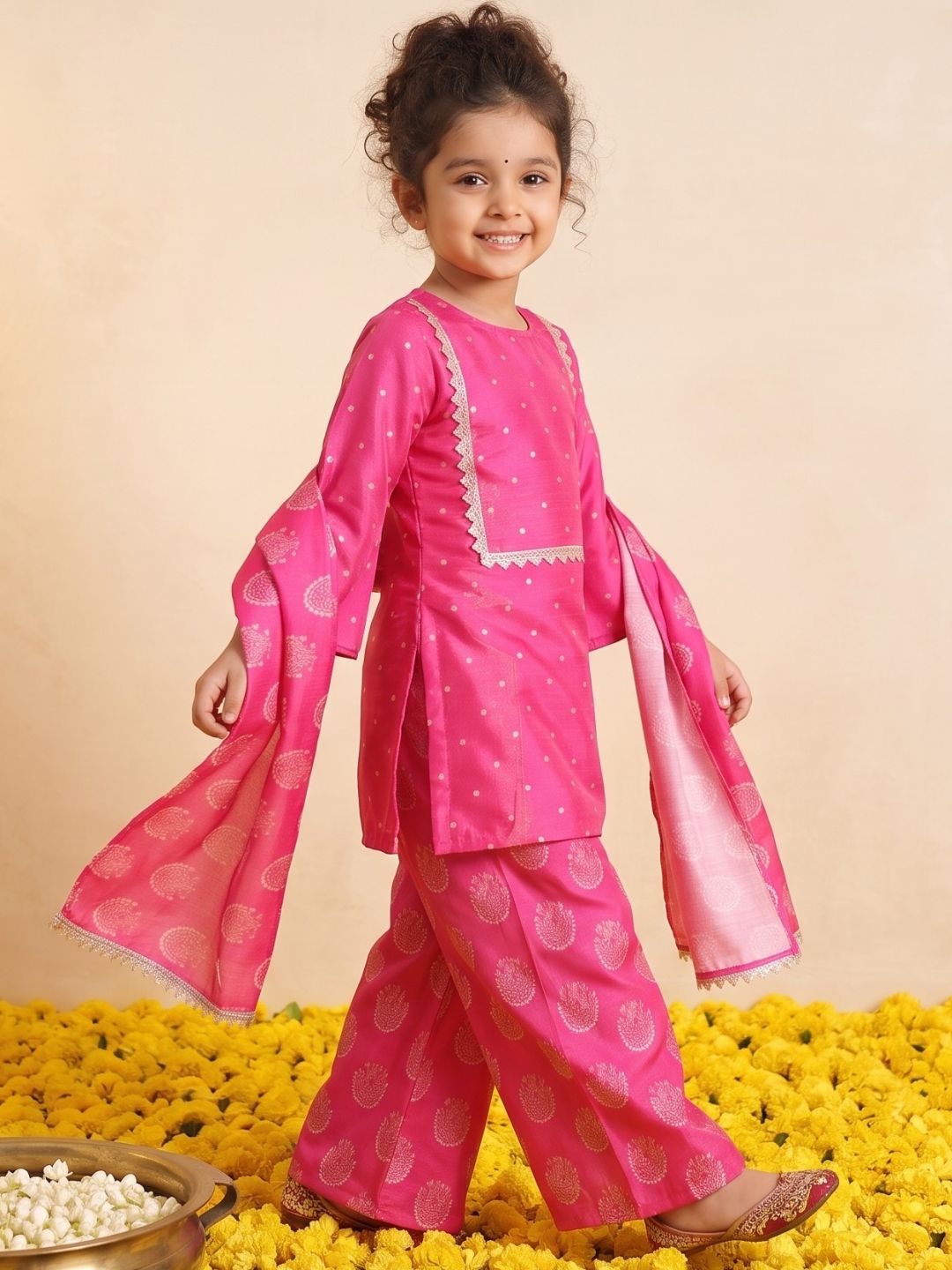 Pink Polka Dots and Floral Print Silk blend Kurti Palazzo and Dupatta For Girls