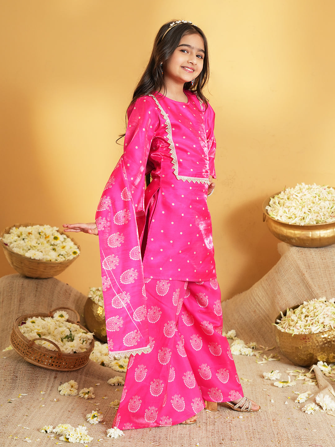 Pink Polka Dots and Floral Print Silk blend Kurti Palazzo and Dupatta For Girls