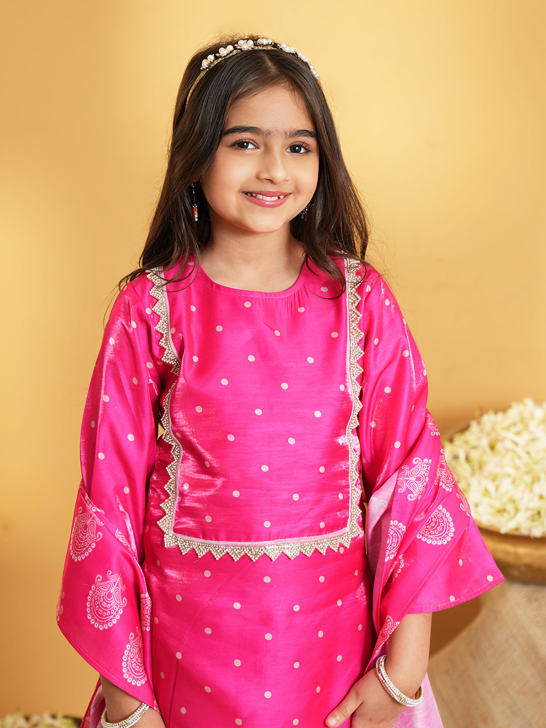 Pink Polka Dots and Floral Print Silk blend Kurti Palazzo and Dupatta For Girls