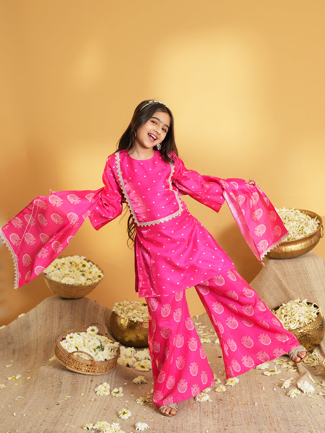 Pink Polka Dots and Floral Print Silk blend Kurti Palazzo and Dupatta For Girls