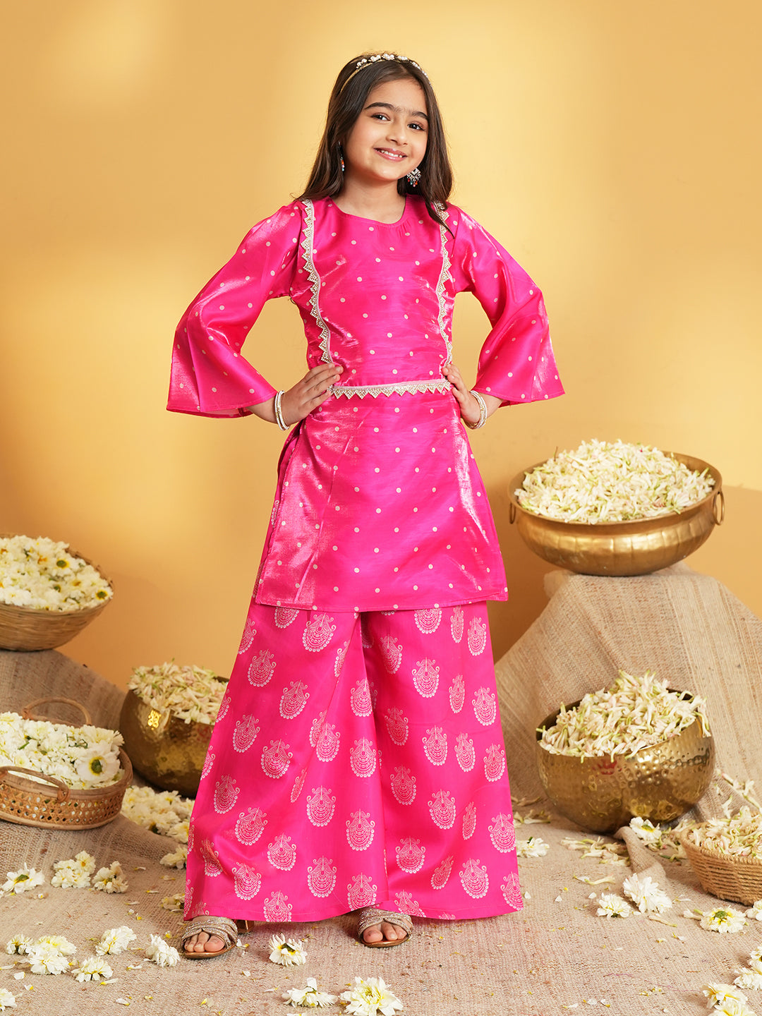 Pink Polka Dots and Floral Print Silk blend Kurti Palazzo and Dupatta For Girls