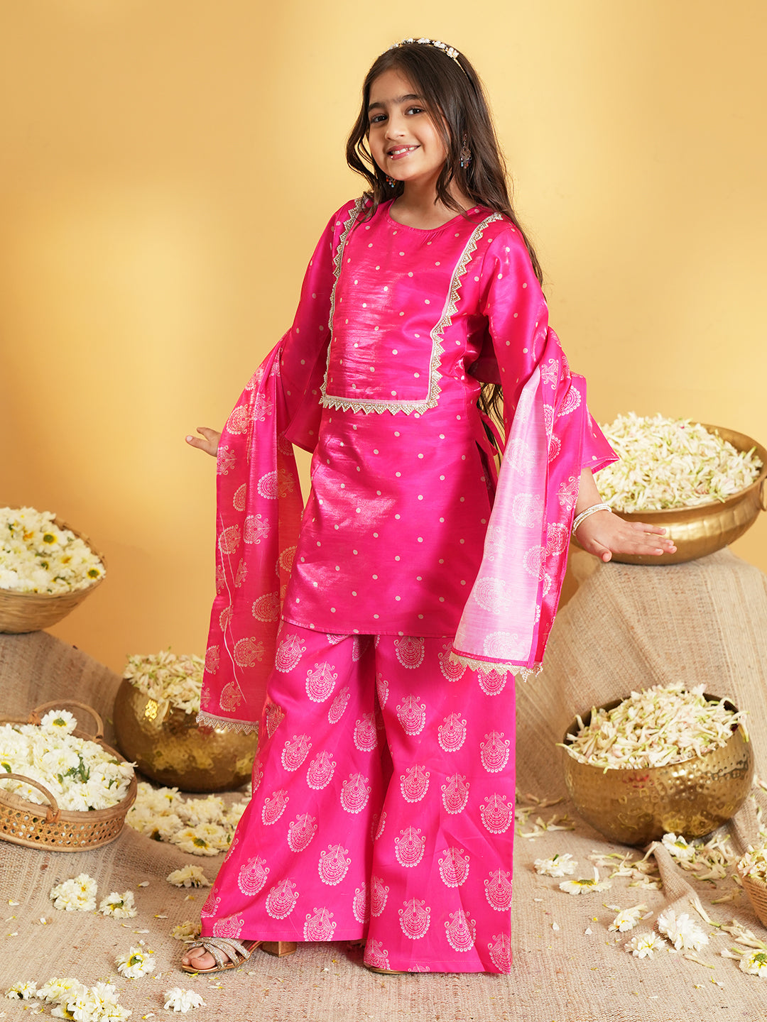 Pink Polka Dots and Floral Print Silk blend Kurti Palazzo and Dupatta For Girls