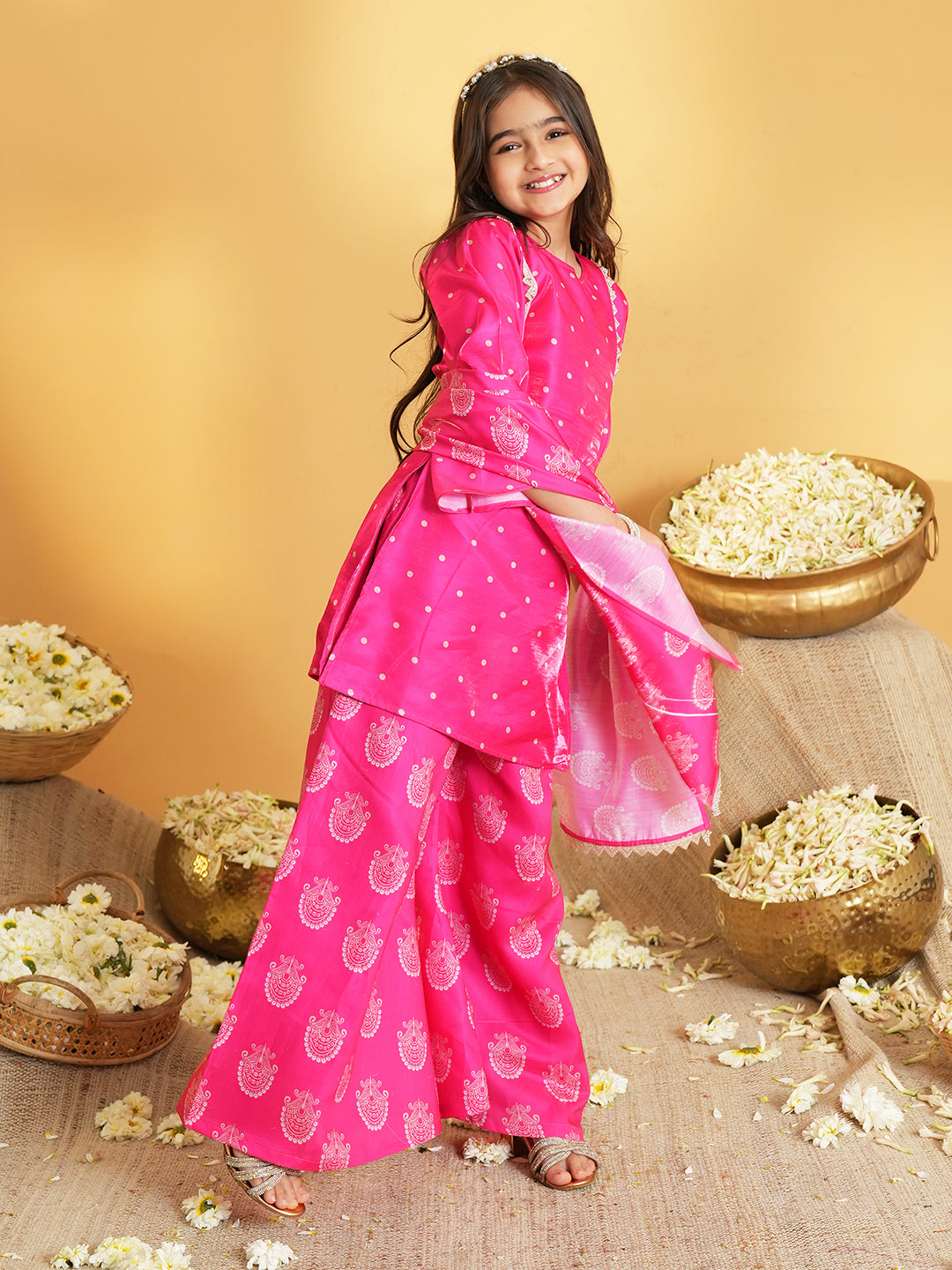 Pink Polka Dots and Floral Print Silk blend Kurti Palazzo and Dupatta For Girls