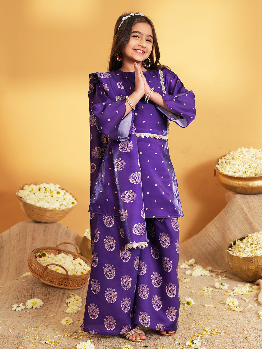 Purple Polka Dots and Floral Print Silk blend Kurti Palazzo and Dupatta For Girls