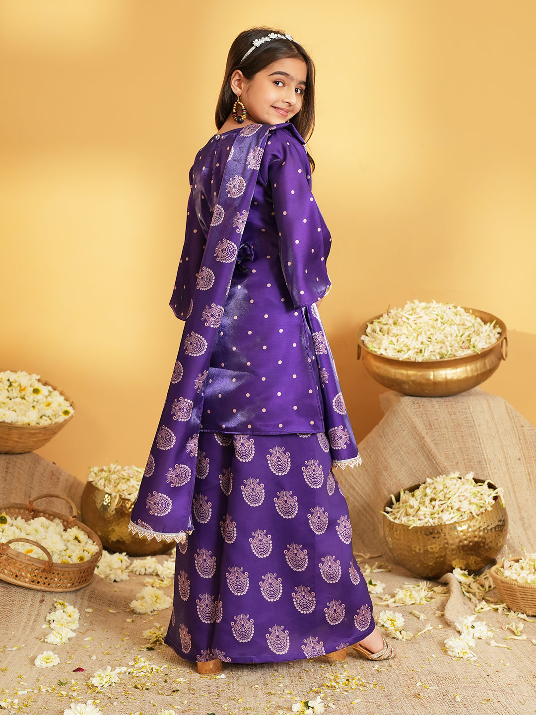 Purple Polka Dots and Floral Print Silk blend Kurti Palazzo and Dupatta For Girls