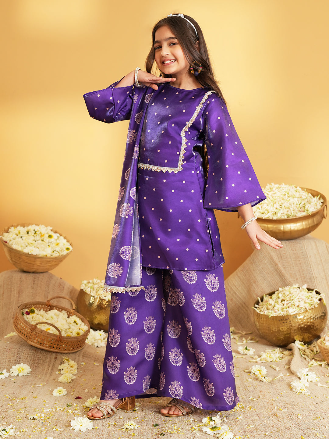 Purple Polka Dots and Floral Print Silk blend Kurti Palazzo and Dupatta For Girls