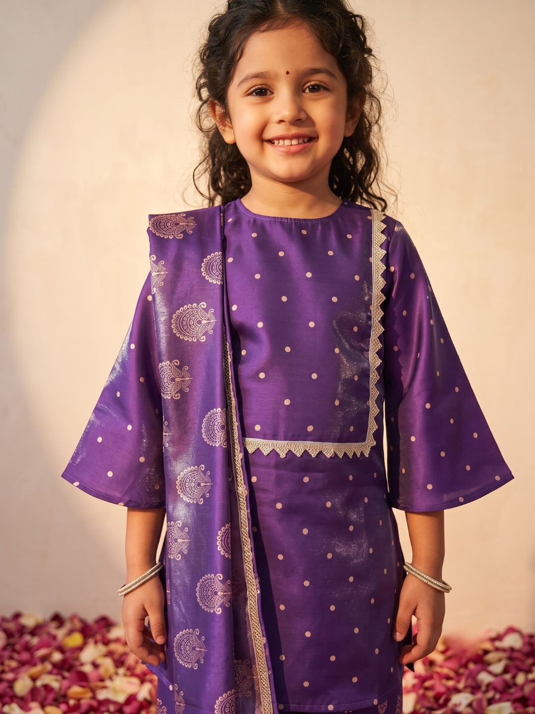 Purple Polka Dots and Floral Print Silk blend Kurti Palazzo and Dupatta For Girls