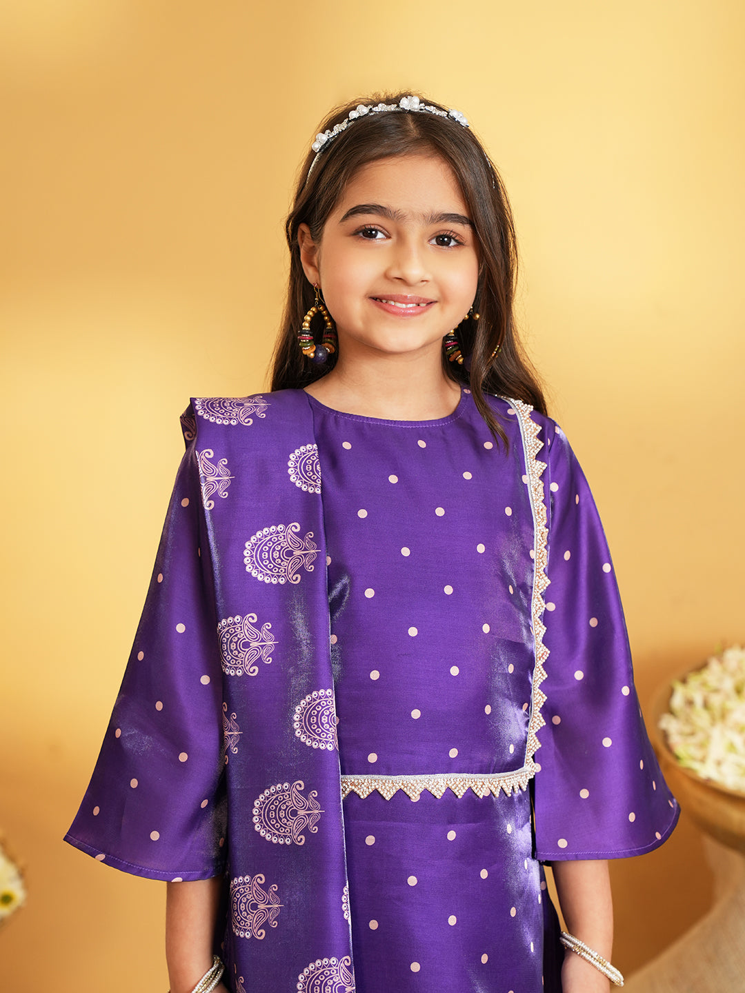 Purple Polka Dots and Floral Print Silk blend Kurti Palazzo and Dupatta For Girls