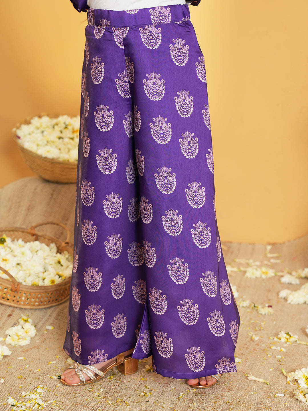 Purple Polka Dots and Floral Print Silk blend Kurti Palazzo and Dupatta For Girls