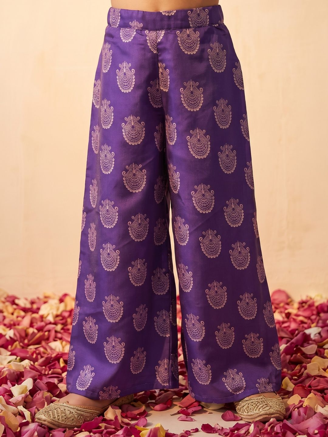 Purple Polka Dots and Floral Print Silk blend Kurti Palazzo and Dupatta For Girls