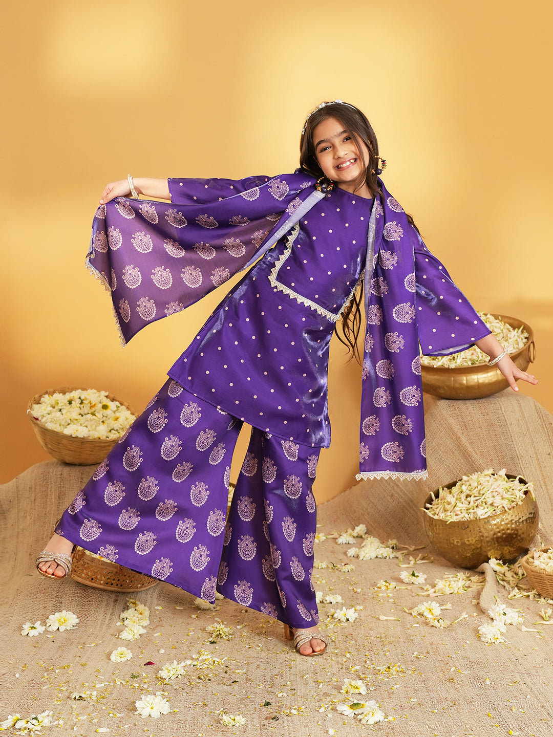 Purple Polka Dots and Floral Print Silk blend Kurti Palazzo and Dupatta For Girls