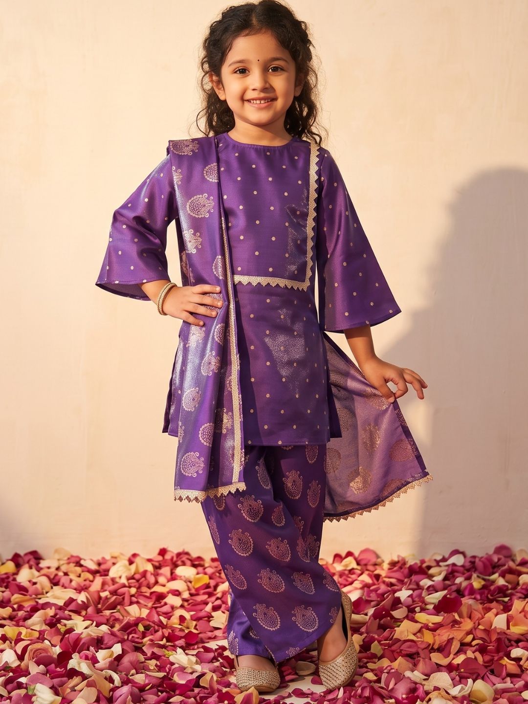 Purple Polka Dots and Floral Print Silk blend Kurti Palazzo and Dupatta For Girls