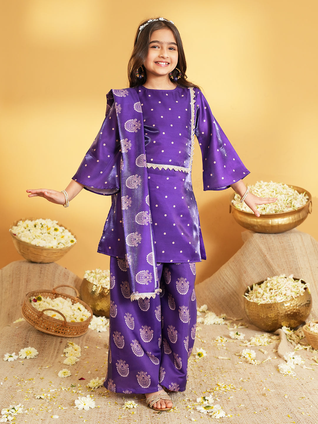 Purple Polka Dots and Floral Print Silk blend Kurti Palazzo and Dupatta For Girls