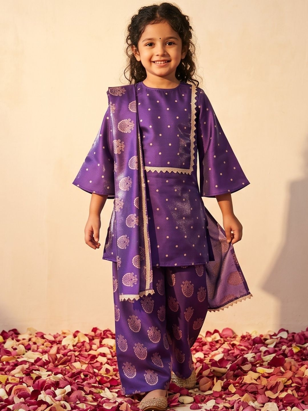 Purple Polka Dots and Floral Print Silk blend Kurti Palazzo and Dupatta For Girls