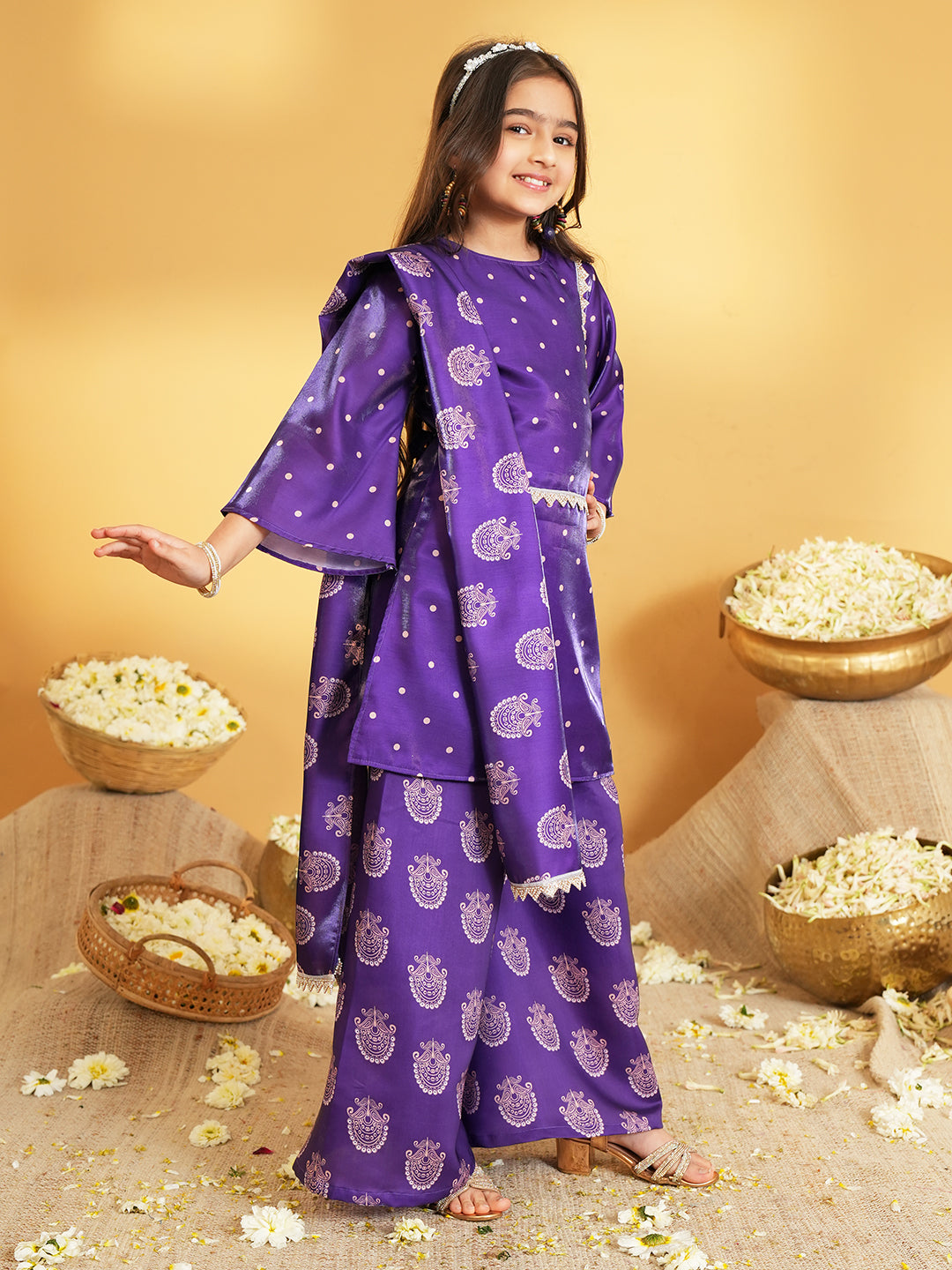 Purple Polka Dots and Floral Print Silk blend Kurti Palazzo and Dupatta For Girls