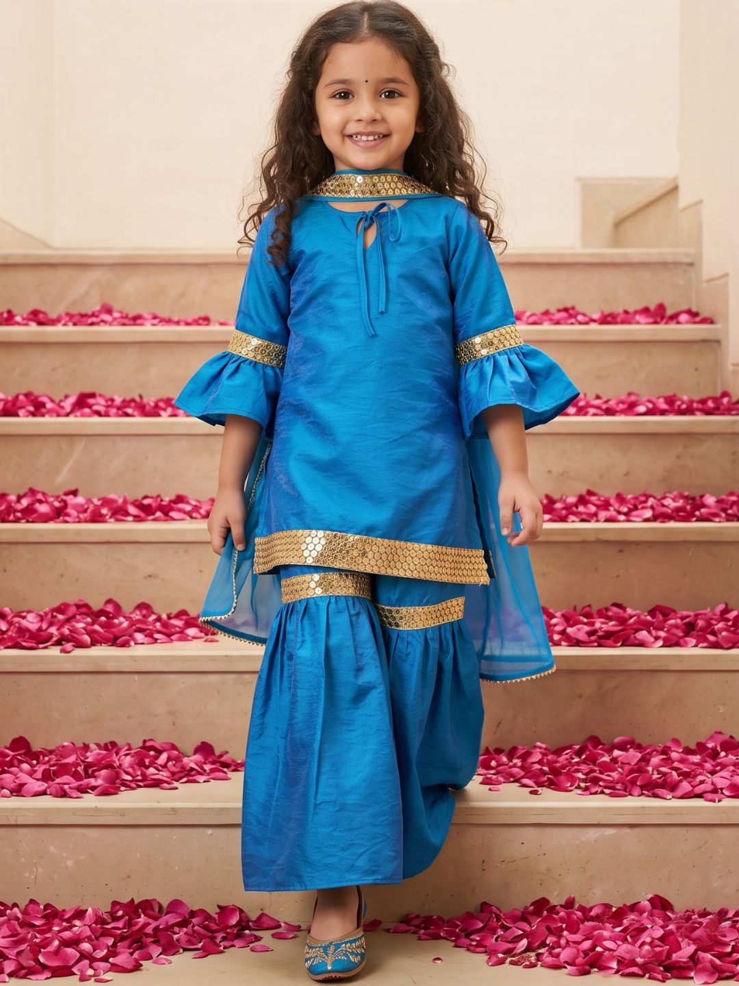 Blue Solid with Lace Work Silk blend Kurti Sharara and Dupatta For Girls